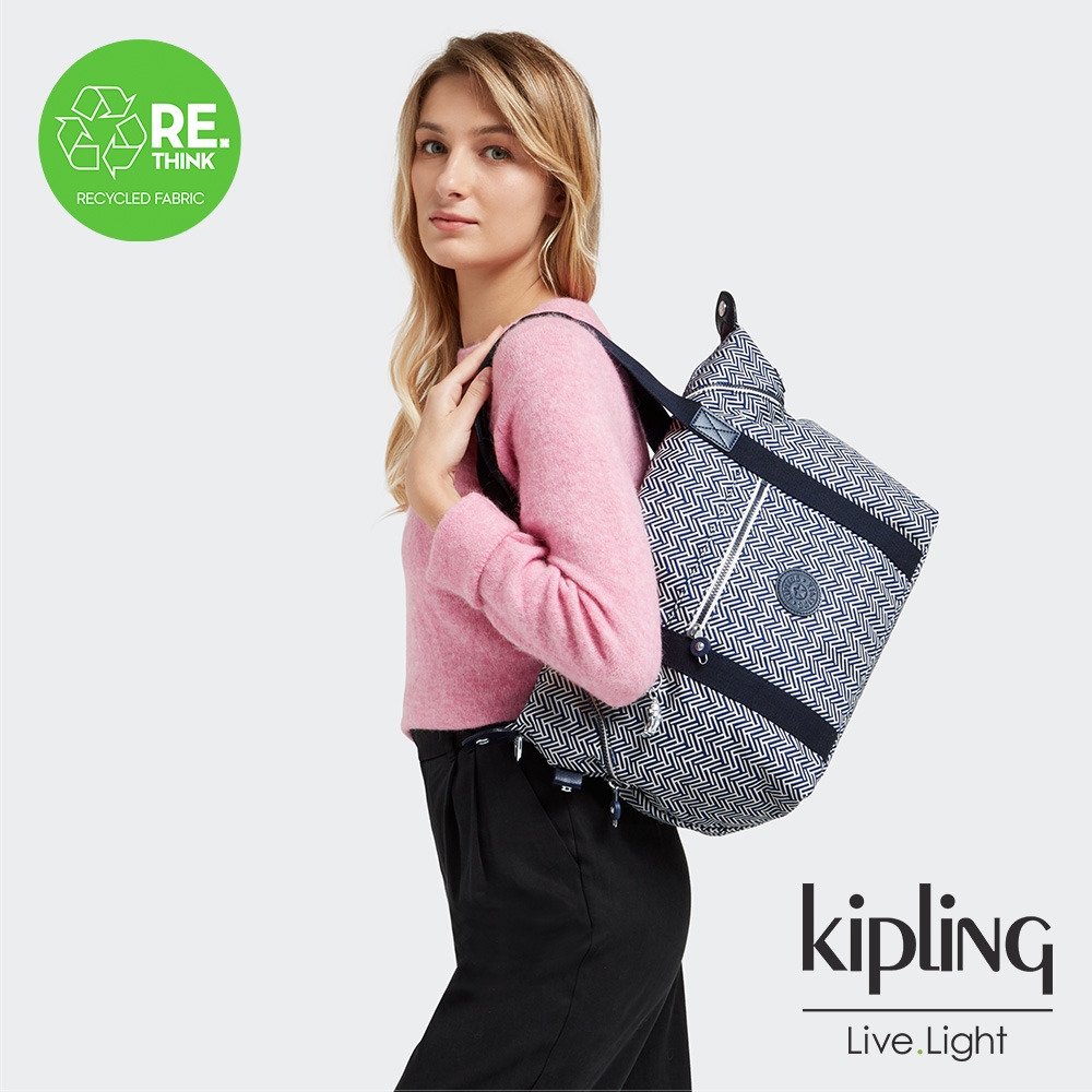 Kipling 藍白交織滿版條紋手提側背包-ART