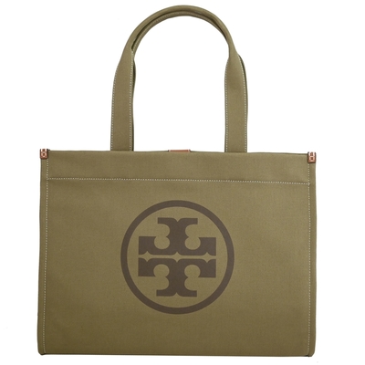 TORY BURCH 經典大LOGO帆布大款托特包(灰綠)