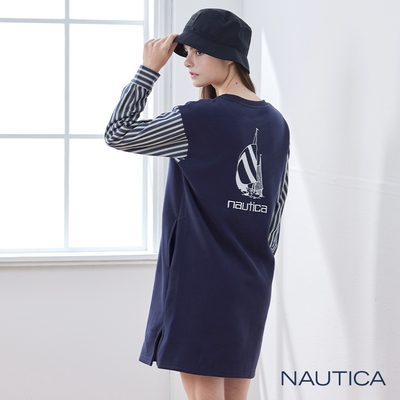 Nautica女裝 修身拼接素面長洋裝-深藍