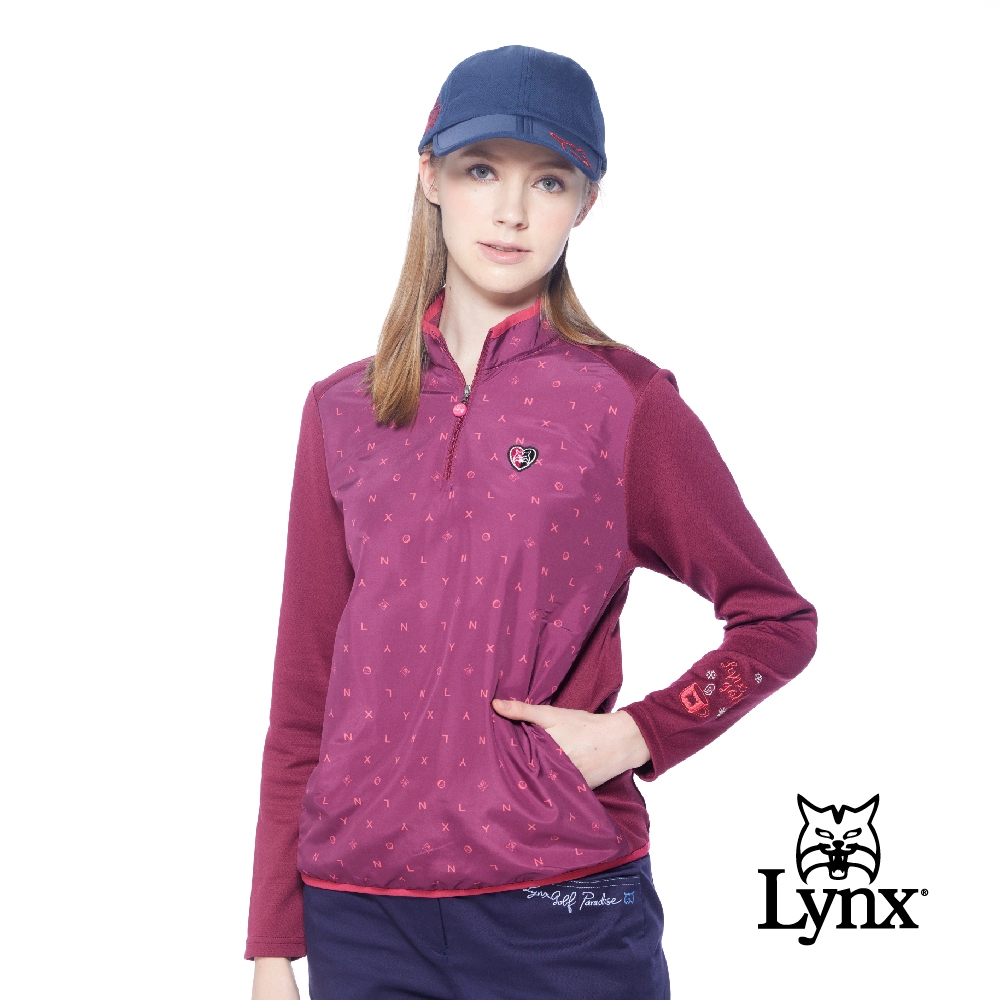 【Lynx Golf】女款吸濕排汗抗UV異材質剪裁隱形口袋設計長袖立領POLO衫/高爾夫球衫-酒紅色