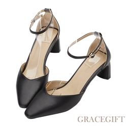 【Grace Gift】素面簡約繞踝中跟鞋 黑