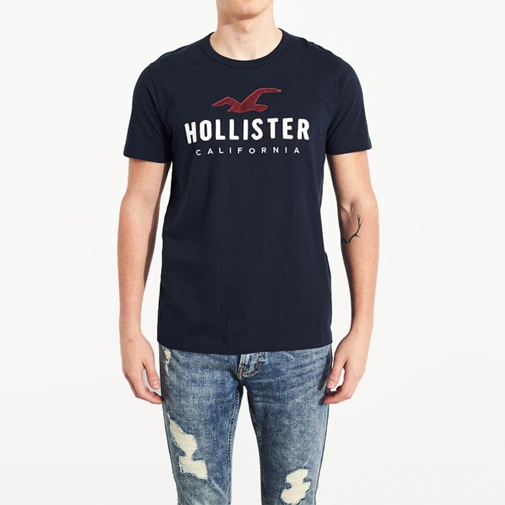 海鷗 Hollister HCO 經典刺繡大海鷗文字短袖T恤-深藍色
