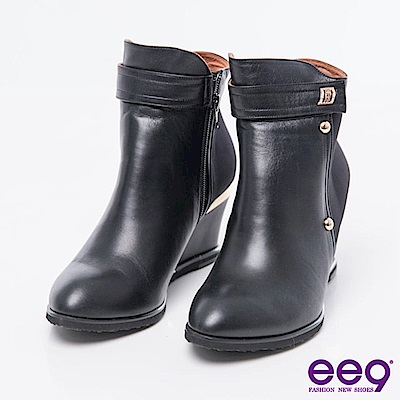 ee9-MIT經典手工-簡約低調異材質併接素面楔型跟短靴＊黑色