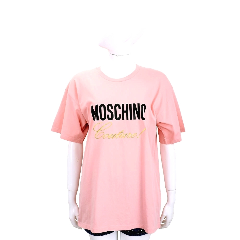 MOSCHINO 刺繡草寫字母粉色寬鬆版T恤