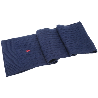 POLO Ralph Lauren 小馬刺繡麻花針織羊毛混紡圍巾(海軍藍)