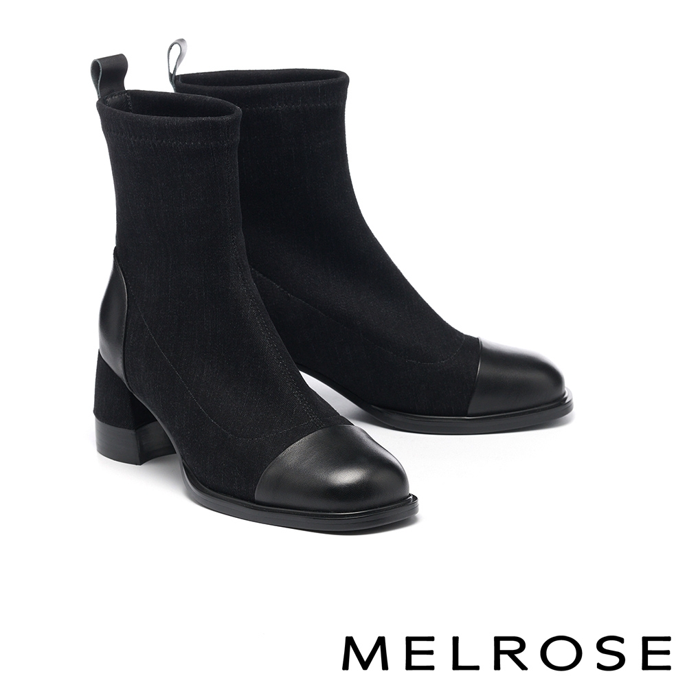 短靴 MELROSE 美樂斯 率性時髦丹寧拼接牛皮方頭高跟短靴－黑