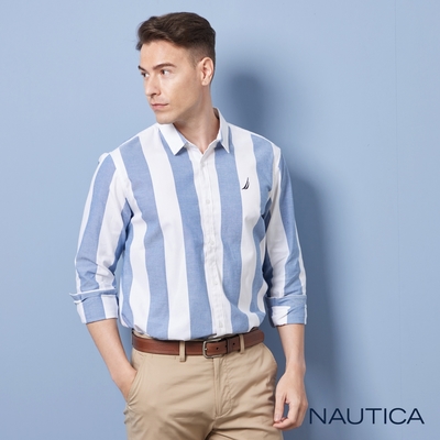 Nautica 男裝 海洋風條紋長袖襯衫-藍色