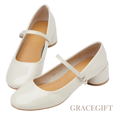 【Grace Gift】氣質圓頭中跟瑪莉珍鞋 米漆