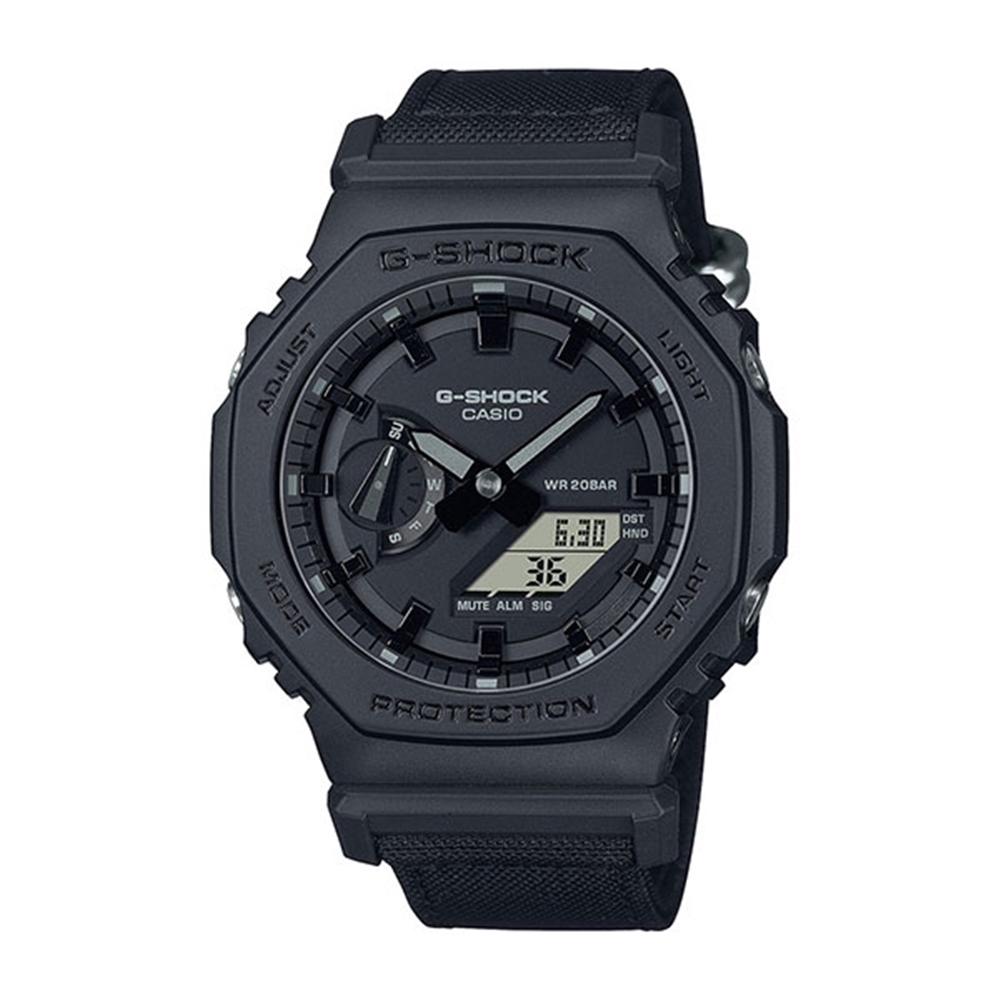 CASIO 卡西歐  G-SHOCK 百搭酷黑 街頭潮流 Cordura尼龍錶帶 八角形錶殼 GA-2100BCE-1A_45.4mm