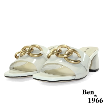 Ben&1966高級頭層牛漆皮流行中跟涼拖鞋-米白(216312)