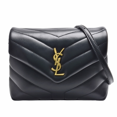 YSL LOULOU系列V字縫線金色金屬LOGO小牛皮斜背包(小-黑)