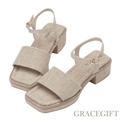 【Grace Gift】逸歡聯名-日系寬帶澎澎鞋墊防水台中跟涼鞋 麻