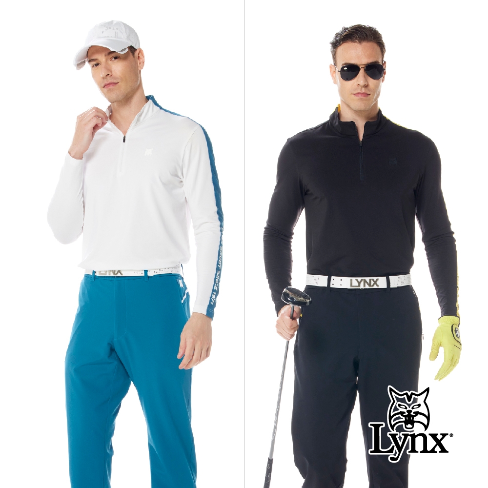 【Lynx Golf】首爾高桿風格！男款合身版吸溼排汗抗UV左肩造型配布剪接長袖立領POLO衫(二色)