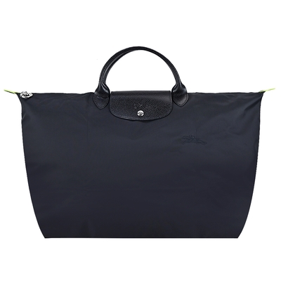 LONGCHAMP LE PLIAGE GREEN系列刺繡短把再生尼龍摺疊旅行袋(小/黑)