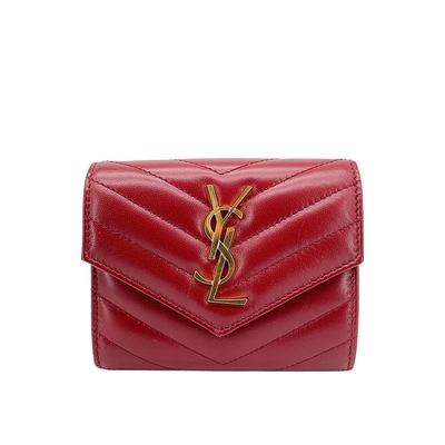 YSL Monogram 金logo牛皮三折釦式短夾(403943-紅)