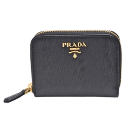 PRADA 經典金色浮雕LOGO直紋牛皮拉鍊卡夾/零錢包(黑色)