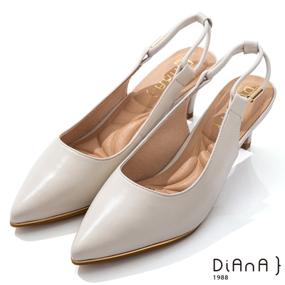 (換季出清美鞋) DIANA 6.5cm質感軟羊皮金屬尖頭穆勒跟鞋-優雅女伶-米白