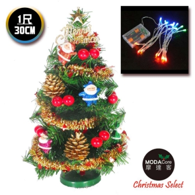 摩達客 台灣製迷你1呎(30cm)裝飾綠色聖誕樹(聖誕老人紅果系)+LED20燈彩光電池燈