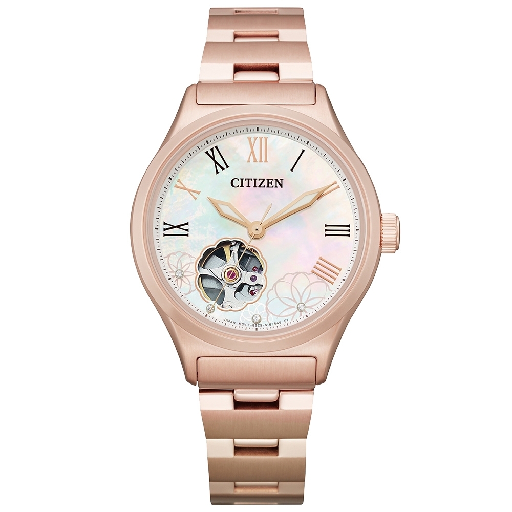 CITIZEN 花朵綻放晶鑽機械腕錶-玫瑰金(PC1007-81D)-34mm