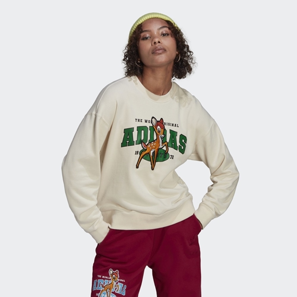 ADIDAS BAMBI SWEATER三葉草 小鹿斑比 女長袖圓領上衣-米白-HD2754