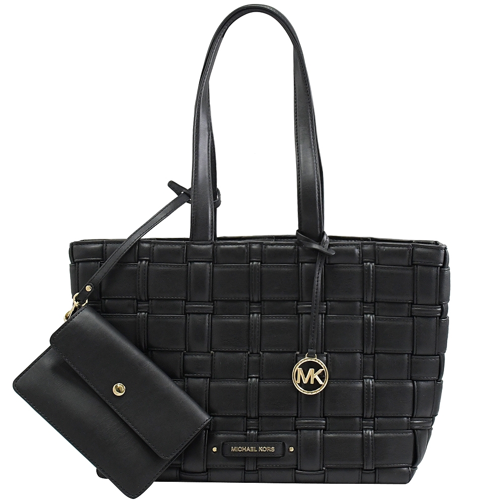 MICHAEL KORS IVY 金屬LOGO大格編織托特包(黑-附1釦式收納包)