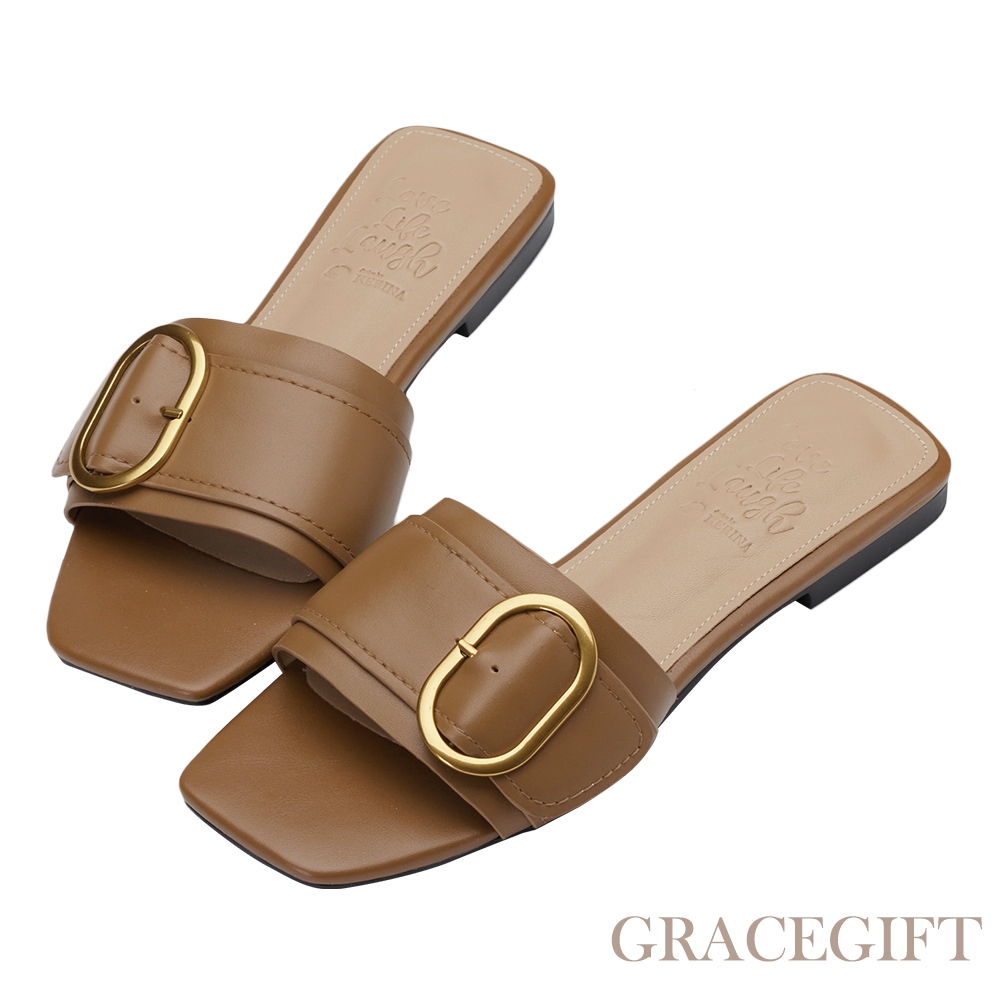 【Grace gift】薛妞妞聯名-法式慵懶金屬環真皮平底拖鞋 咖