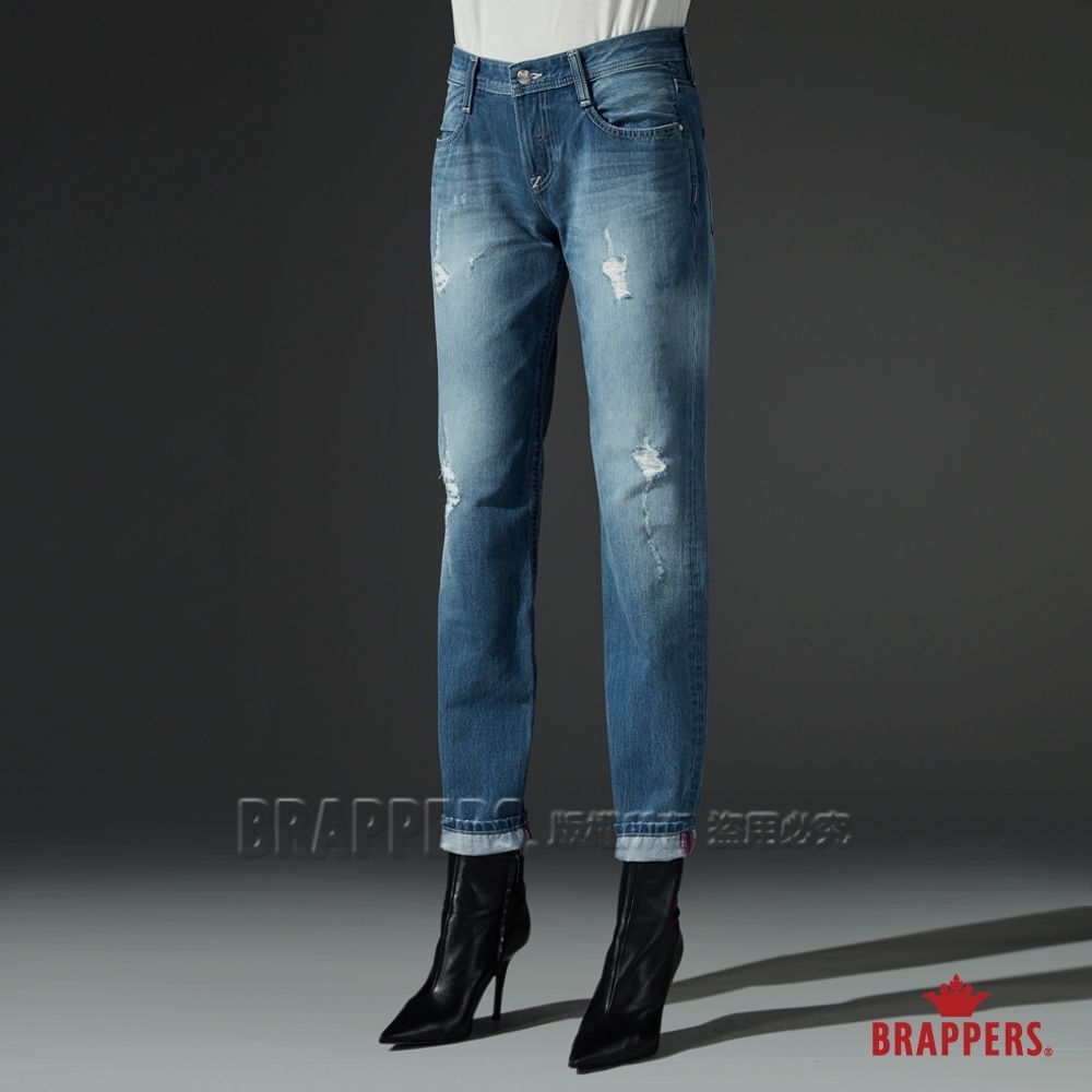 BRAPPERS 女款 Boy friend系列-中低腰直向彈性割破八分褲-藍