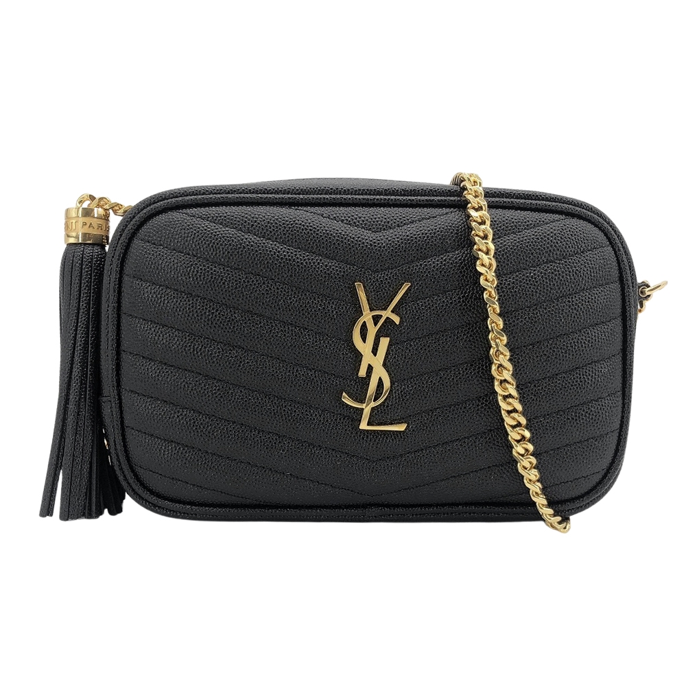 YSL Monogram粒紋牛皮金logo拉鍊流蘇斜背包(612579-黑) | 歐系精品包 