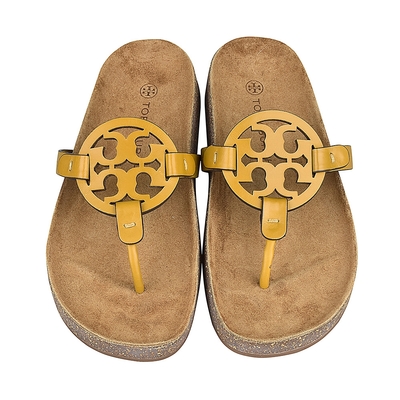 TORY BURCH MILLER CLOU圓形簍空設計LOGO牛皮/軟木拖鞋(女款/黃x棕)