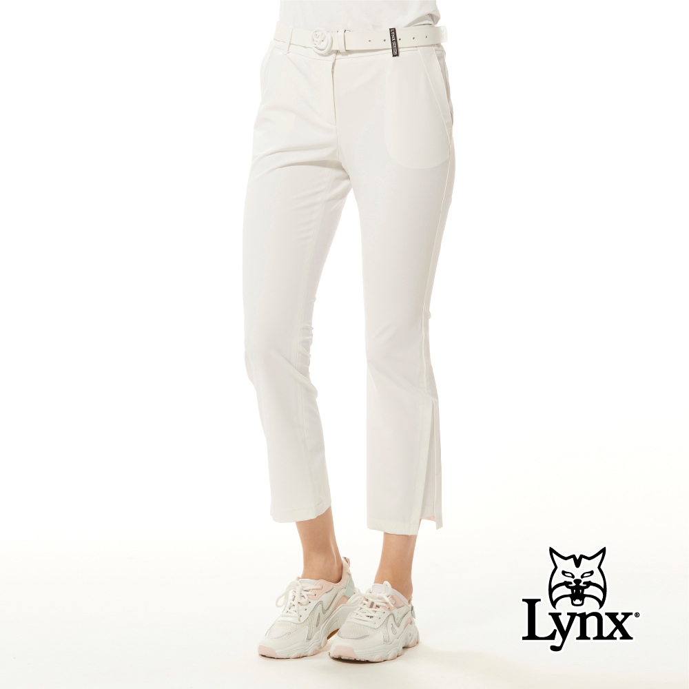 【Lynx Golf】Korea 女款韓國進口商品造型褲耳D型環設計褲口特殊造型平口休閒長褲-白色