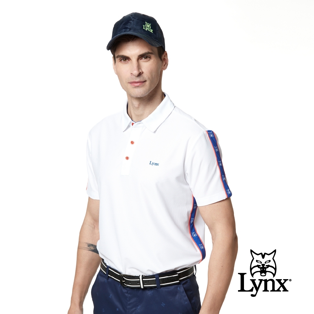 【Lynx Golf】男款吸濕排汗出芽配布山貓串標印花短袖POLO衫-白色