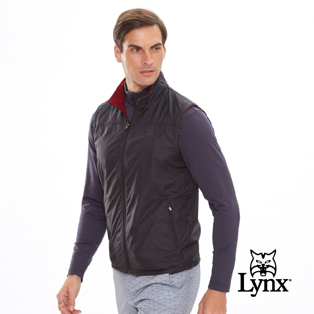【Lynx Golf】男款雙面穿Fleece風衣布無袖背心-黑色/暗紅色