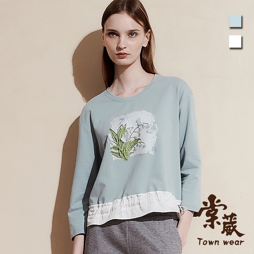 【TOWNWEAR棠葳】休閒印圖拼接抽繩棉質上衣 2色(女上衣/女上著/寬鬆/長袖)