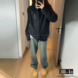 JILLI-KO 高腰直筒寬鬆垂感闊腿拖地牛仔褲- 藍色