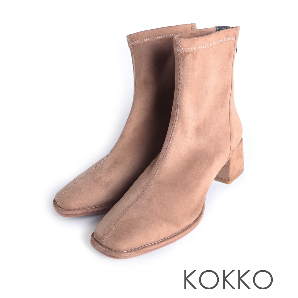 KOKKO簡約素面彈力麂皮短靴駝色