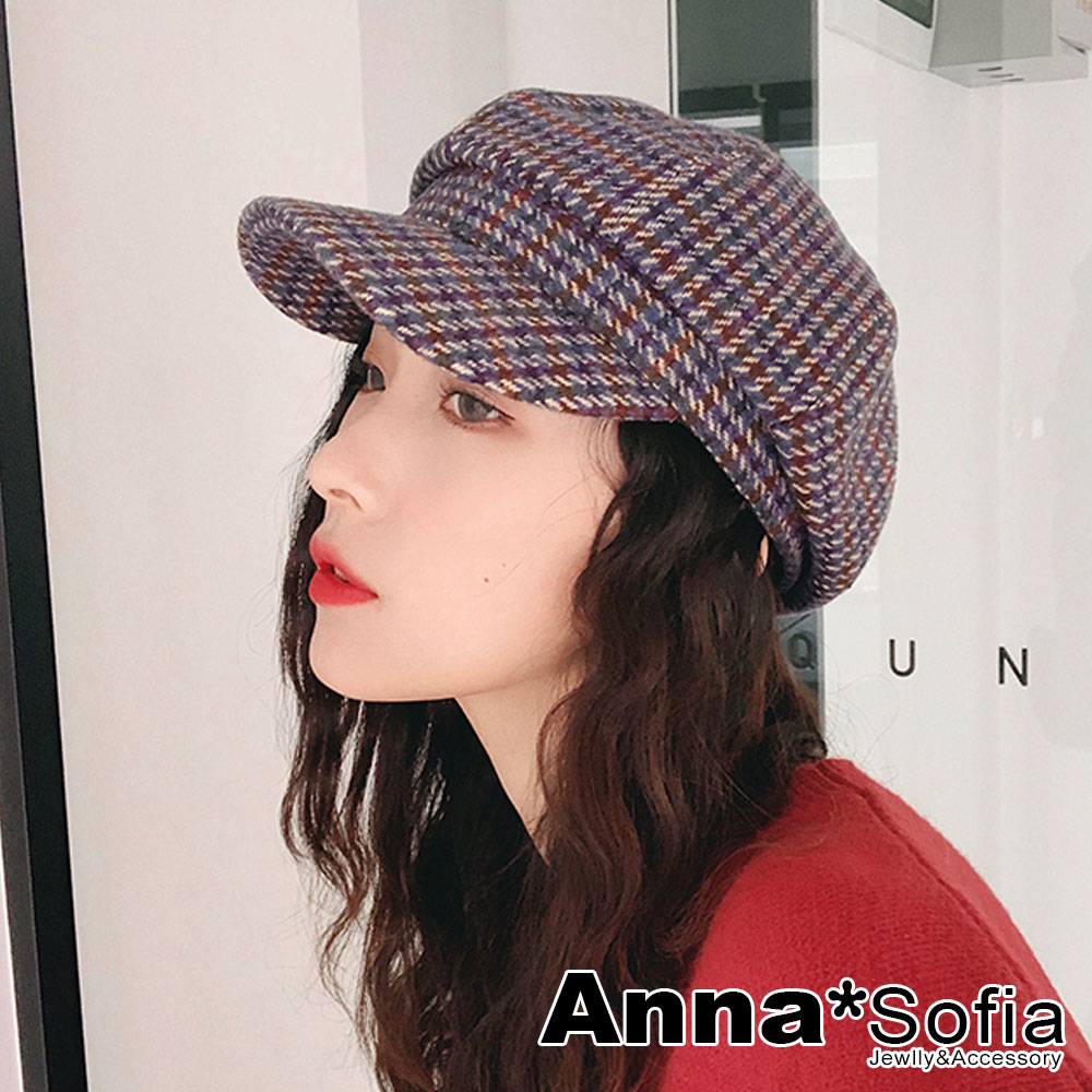 AnnaSofia 古著彩格毛呢 報童帽貝蕾帽(藍紫系)