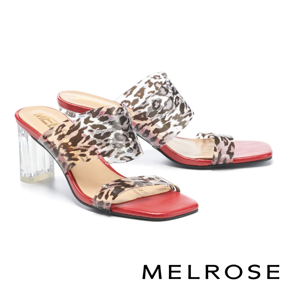 拖鞋 MELROSE 魅力時髦一字透明膠片造型方頭高跟拖鞋－咖