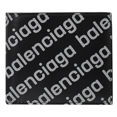 BALENCIAGA 巴黎世家 細閃英字LOGO設計小牛皮對開8卡短夾(黑/銀)