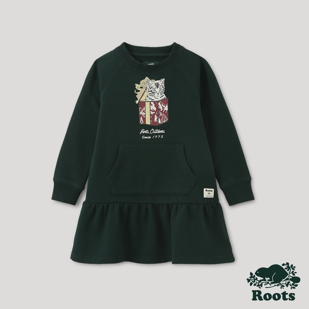 Roots小童-經典傳承系列 禮物盒貓咪長袖洋裝-深綠色