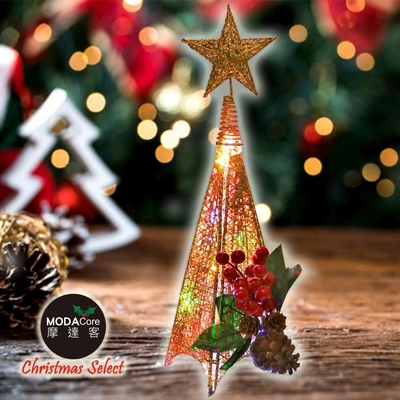 摩達客耶誕-38cm桌上型聖誕裝飾四角樹塔(紅金系)+LED20燈彩光銅線燈串(USB/電池燈兩用)