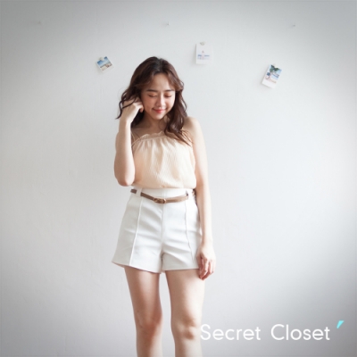 Secret Closet-挺版直紋短褲(附腰帶)-白色