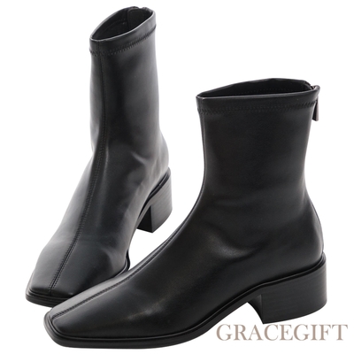 【Grace Gift】率性標配方頭後拉鍊短靴 黑