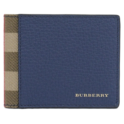 BURBERRY燙印LOGO棉麻牛皮拼接對開六卡短夾(寶藍)