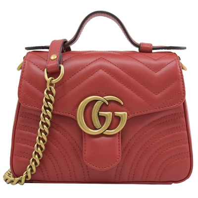 GUCCI GG Marmont 金屬LOGO復古手提斜背兩用包(紅)