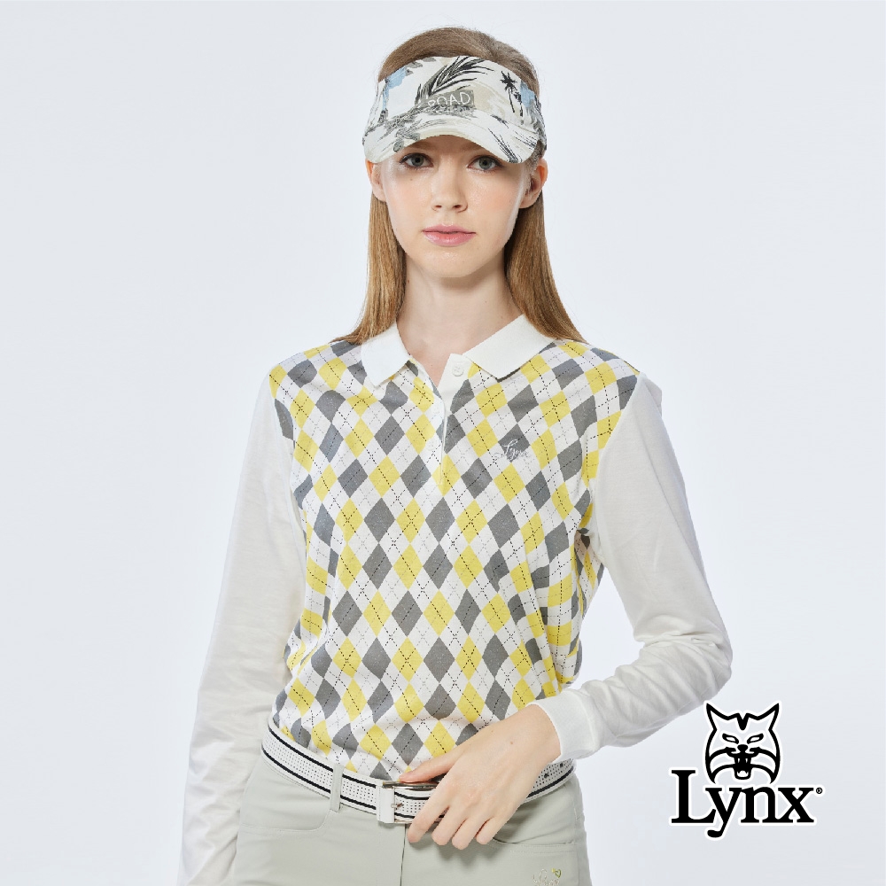 【Lynx Golf】女款純棉雙絲光經典英倫菱格紋路Lynx繡花長袖POLO衫-黃色