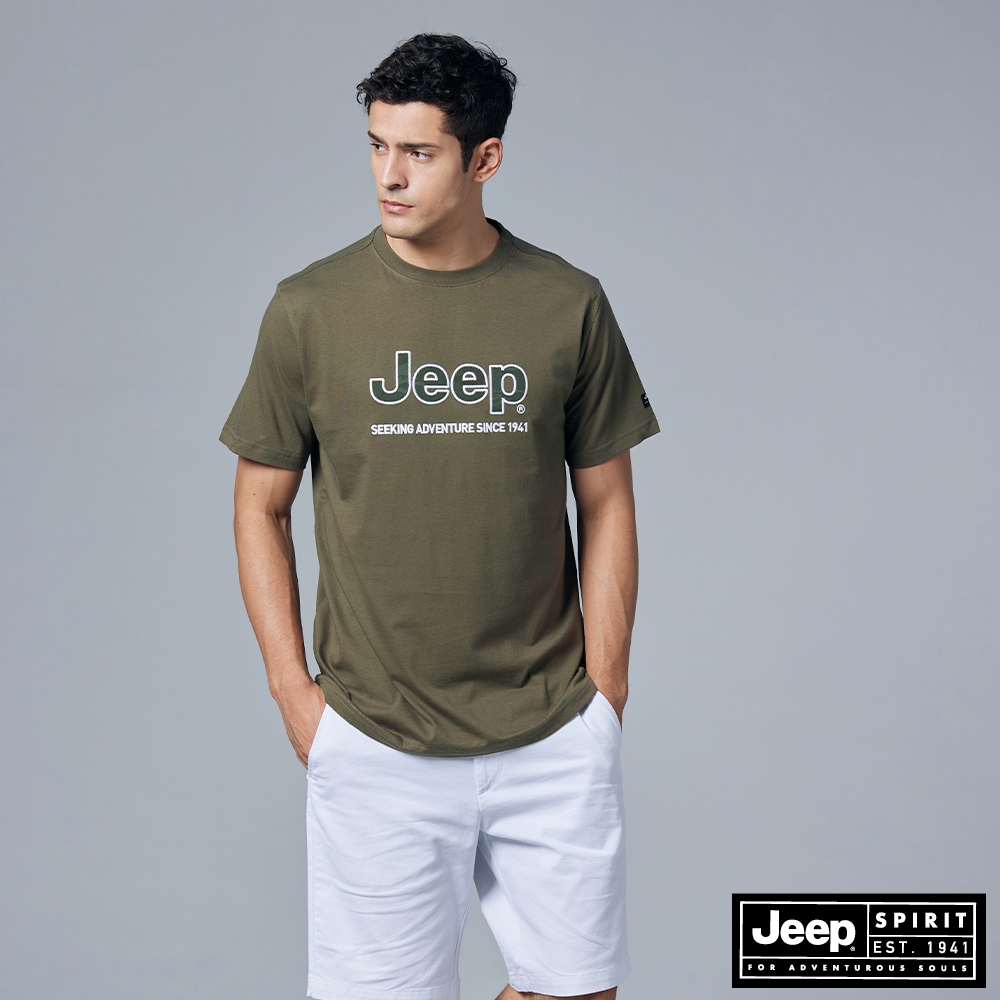 JEEP 男裝 經典品牌LOGO短袖T恤-橄欖綠色