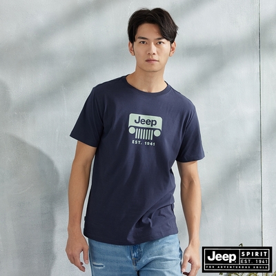 JEEP 男裝 LOGO圖騰純棉百搭短袖T恤-藍色