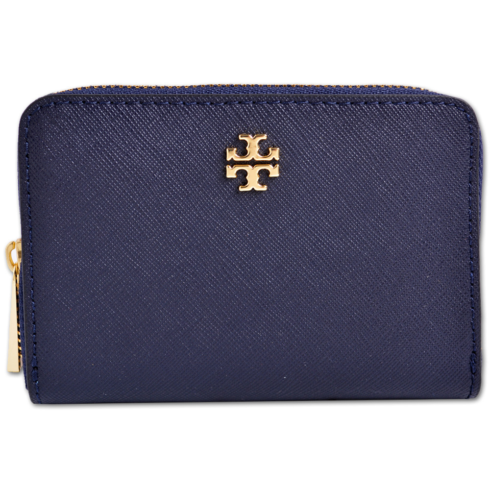 TORY BURCH EMERSON 經典LOGO防刮皮革拉鍊零錢包-藏藍色