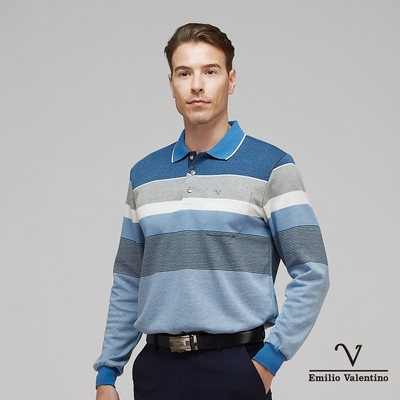 【Emilio Valentino范倫鐵諾】男裝保暖棉質磨毛長袖POLO衫 藍灰白(21-3V7883)