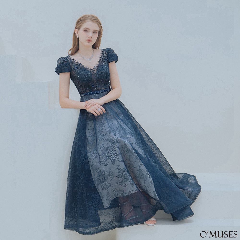 OMUSES 手工V領蕾絲訂製藍色長禮服| 短袖洋裝| Yahoo奇摩購物中心
